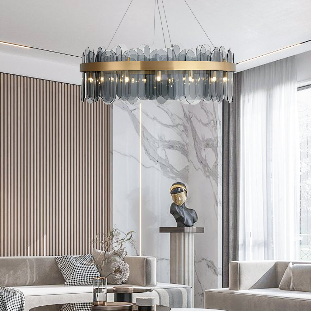 Modern Round 14-Light Tiered Smokey Gray Glass Chandelier