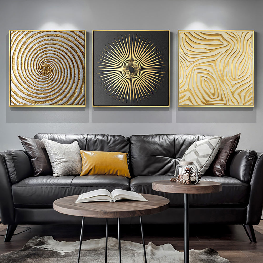 3 Pieces Glam Square Wall Decor Set Canvas Abstract Art with Frame in Gold & Black