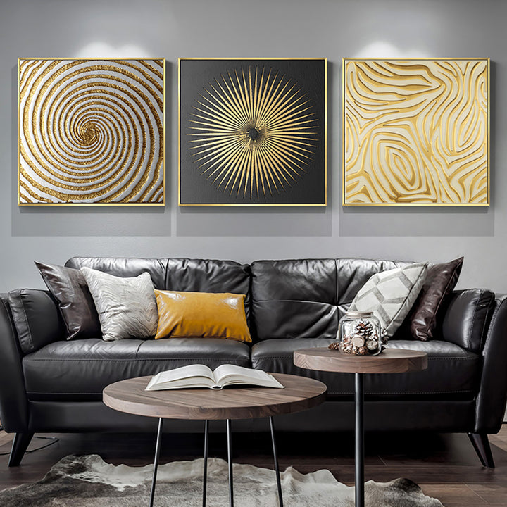 3 Pieces Glam Square Wall Decor Set Canvas Abstract Art with Frame in Gold & Black