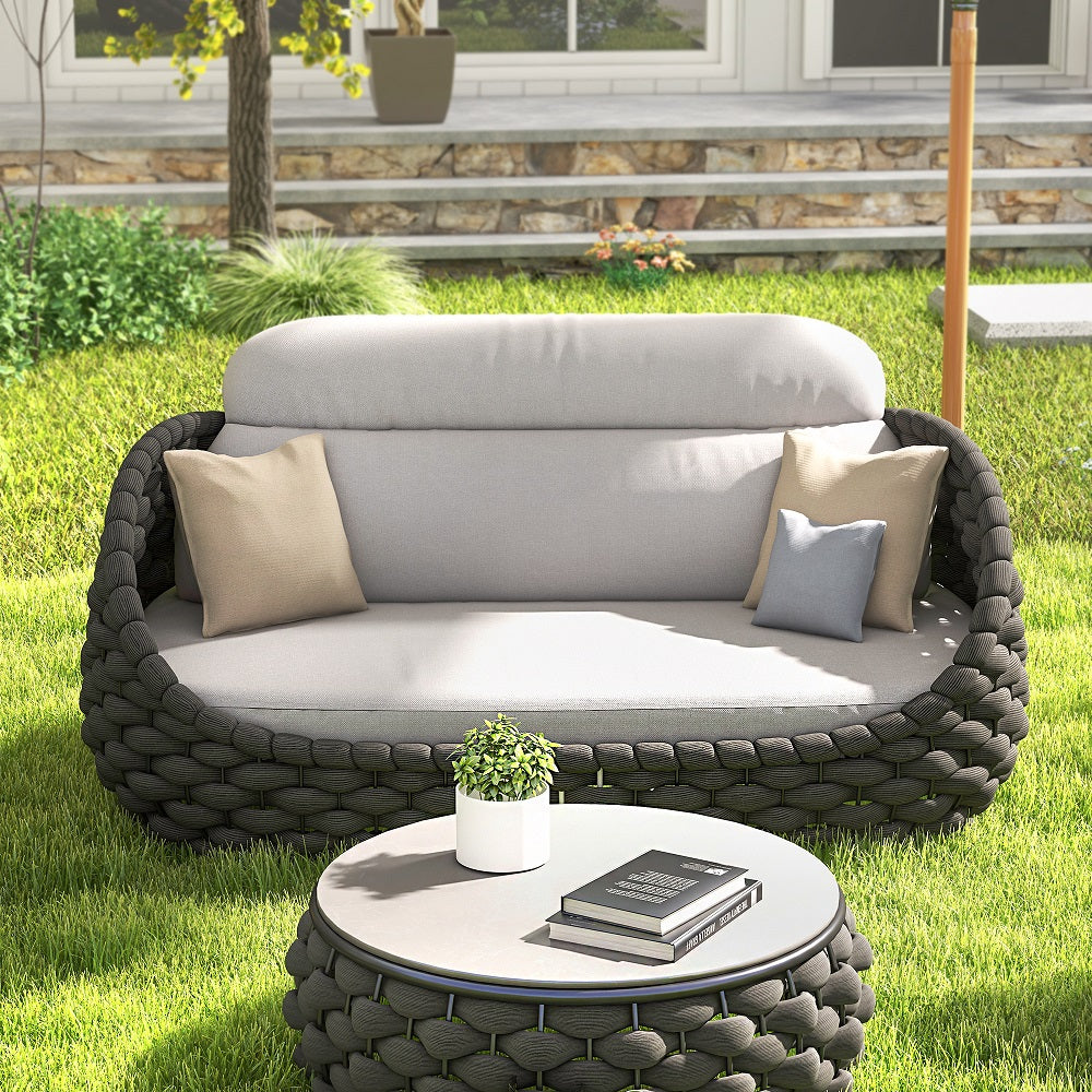 Tatta 2-Seater Woven Rope Outdoor Sofa Patio Loveseat Removable Cushion Gray & Black