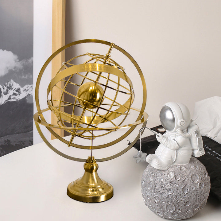 385mm Gold Globe Ornament Sculpture Modern Metal Geometric Figurine Table Decor Art