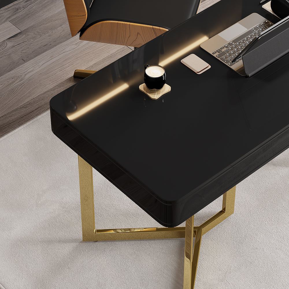 2-Drawers Black Office Desk 1400mm Modern Writing Desk Gold Tripod Base Stainless Steel