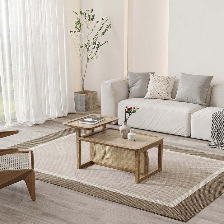 Modern 2 Piece Nesting Rattan Wood Coffee Table Set in Natural