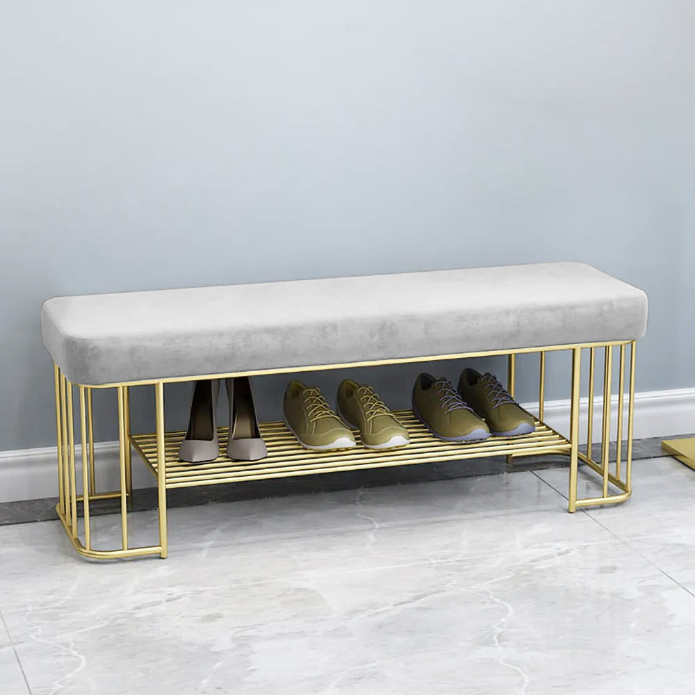 Modern Grey Hallway Bench with Shoe Storage Velvet Upholstered with Gold Frame and Shelf