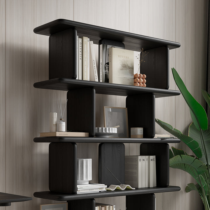 1700mm 5-Tier Black Wooden Bookshelf Japandi Etagere Geometric Bookcase Open Storage