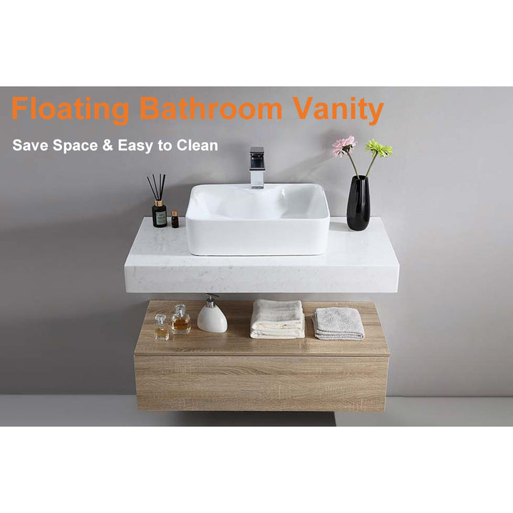 35.4" Floating Bathroom Vanity Set with Single Sink White and Natural Modern Style