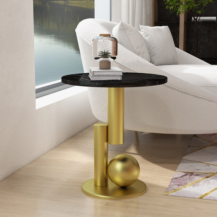 Modern Black End Table Round Marble Stone Top with Abstract Metal Base