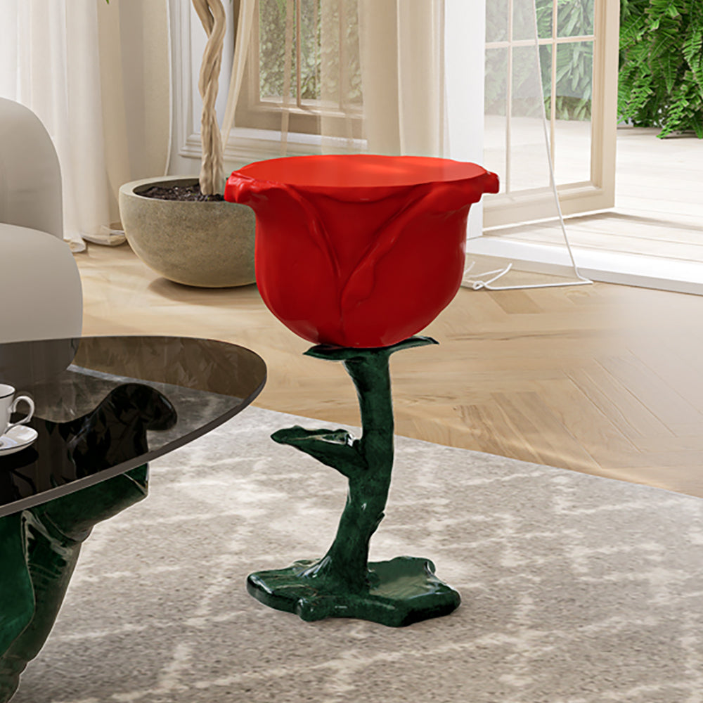 Modern Small End Table Red Resin Rose Sculpture Cute Pedestal Side Table with Tray