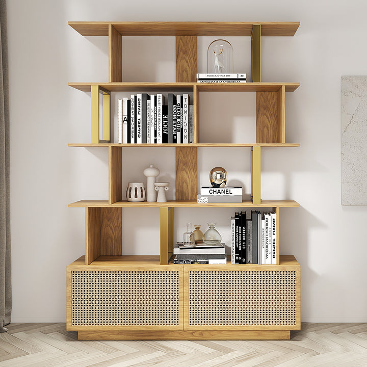 5-Tier Natural Wood Bookshelf with 2 Doors Modern Bookcase in Gold Finish