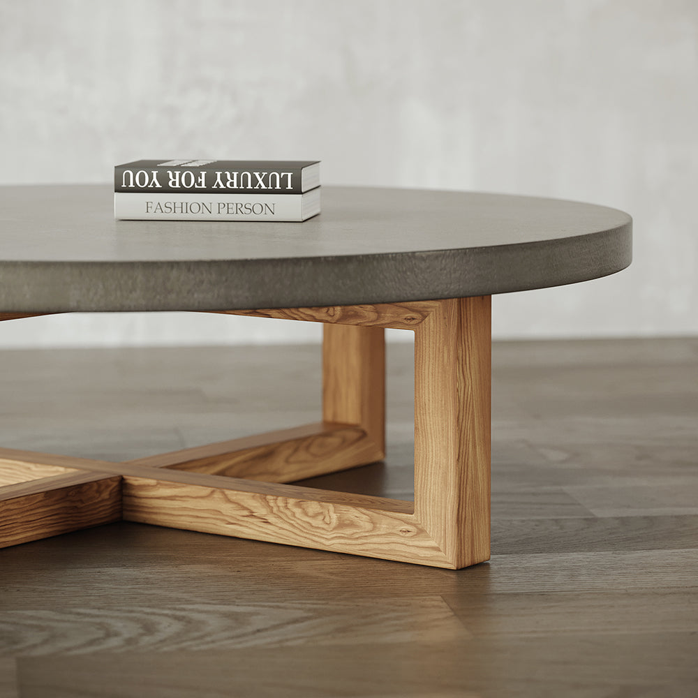 800mm Round Concrete Gray Coffee Table with Cross Legs Pine Wood Base