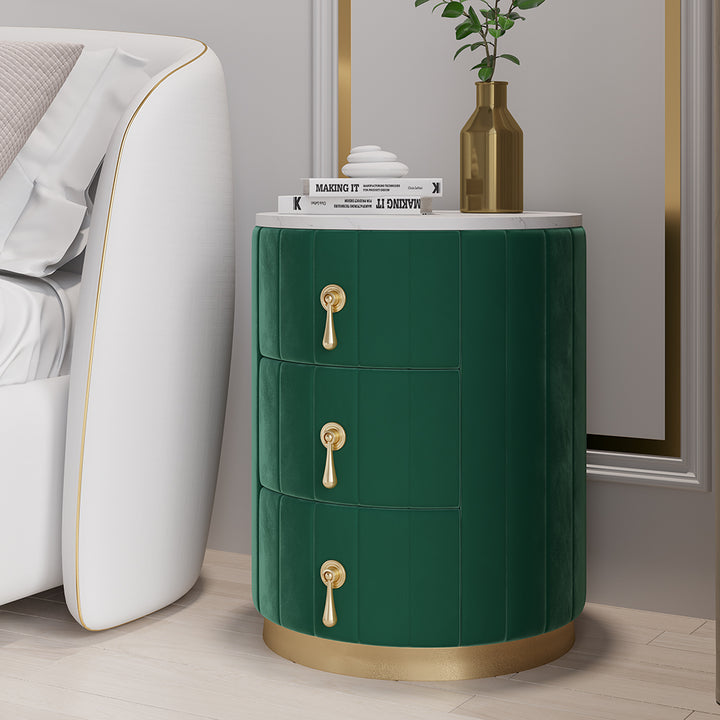 Modern Nightstand Green Round Nightstand with 3 Drawers Nightstand with Storage