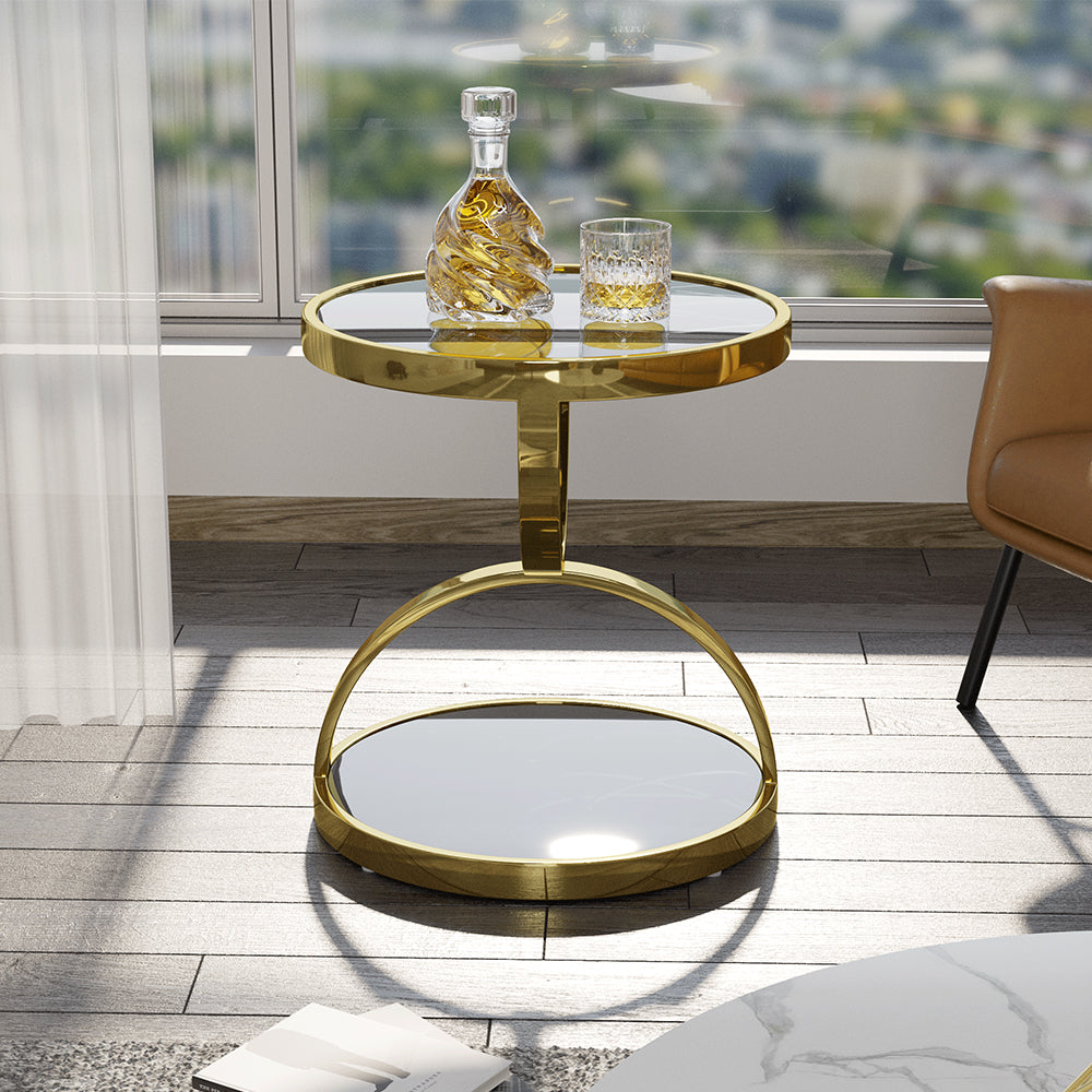 Homary Black Round Side Table Tempered Glass with Storage End Table in Gold