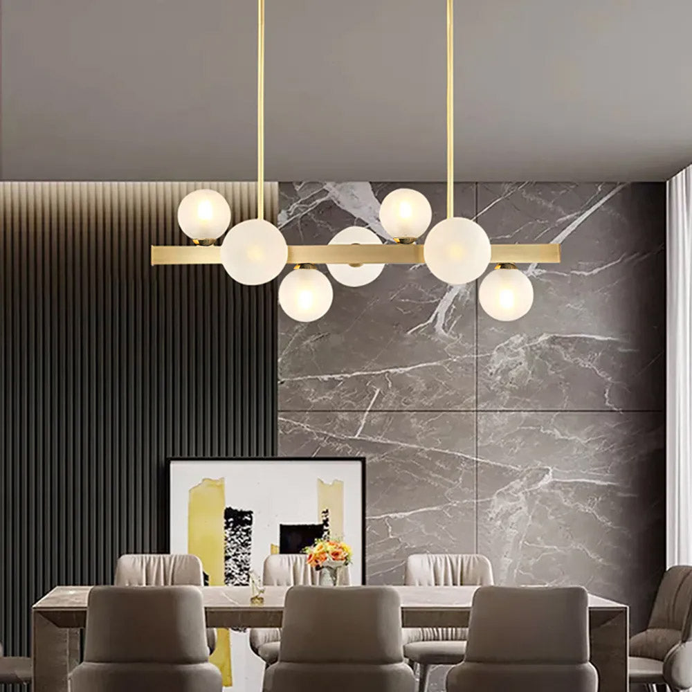 White Globe Shade 7-Light Linear Island Light in Gold