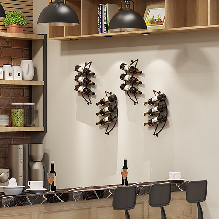 4 Pieces 12 Bottles Moon Shaped Metal Wine Rack Wall Mounted in Bronze