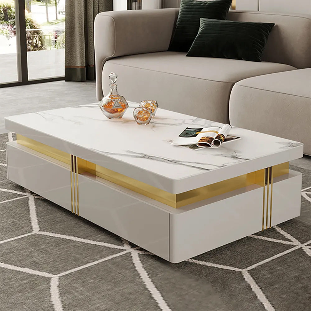 Trimied Modern Wood Coffee Table with Storage in White Center Table Stainless Steel Base