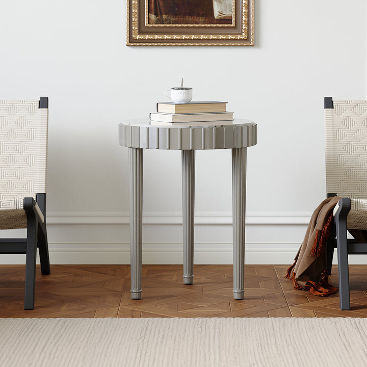 French Fluted Side Table with Faux Marble Top End Table with 3 Wooden Legs