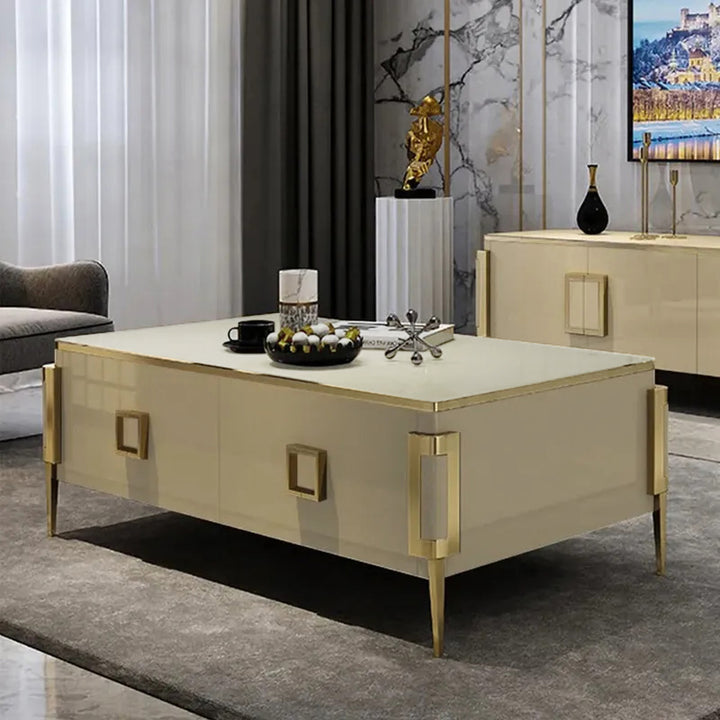 Vectic Modern Gold Rectangular Coffee Table with Drawers & Tempered Glass Tabletop