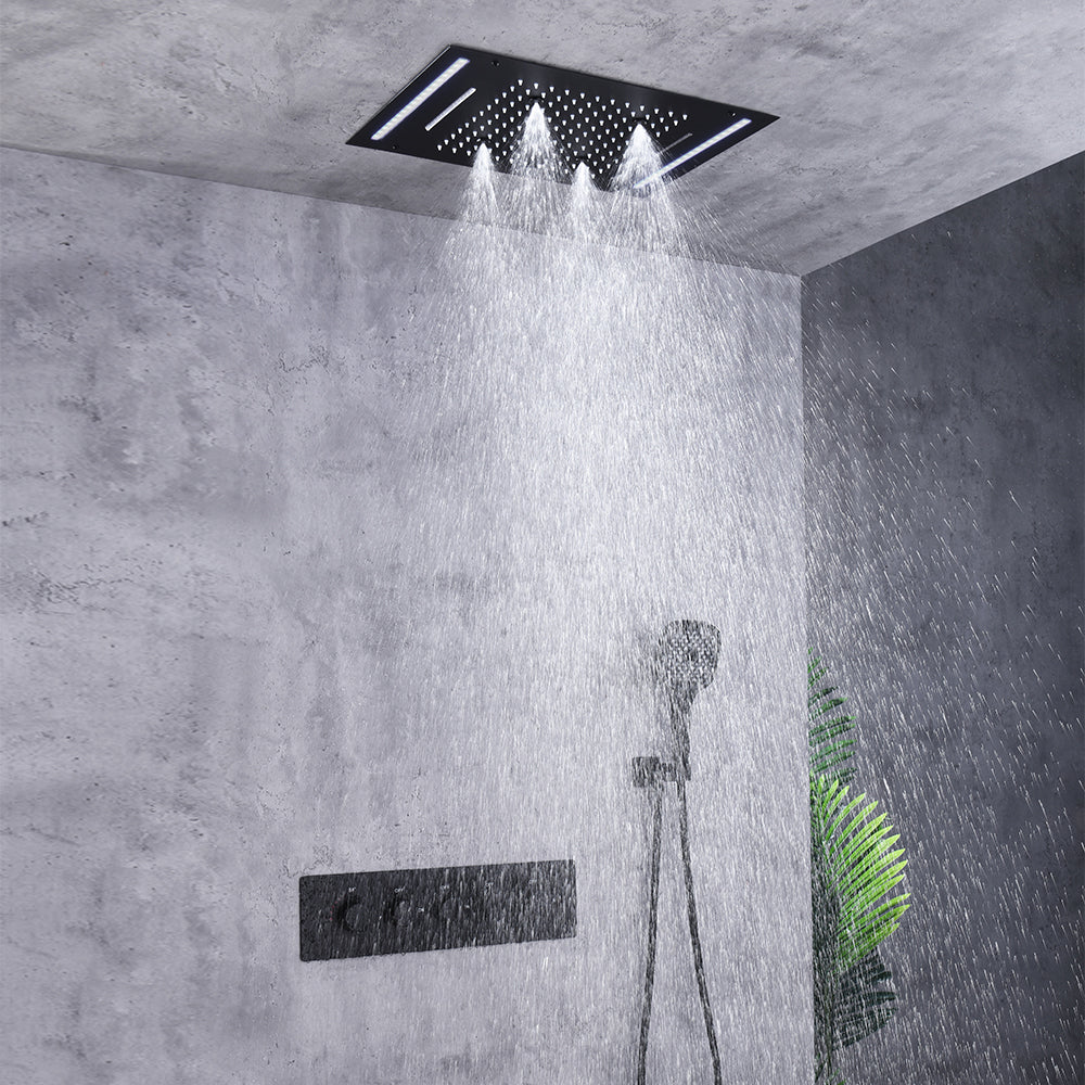 Wall-Mounted 500mm Shower Set Rainfall 4 Functions Thermostatic in Matte Black