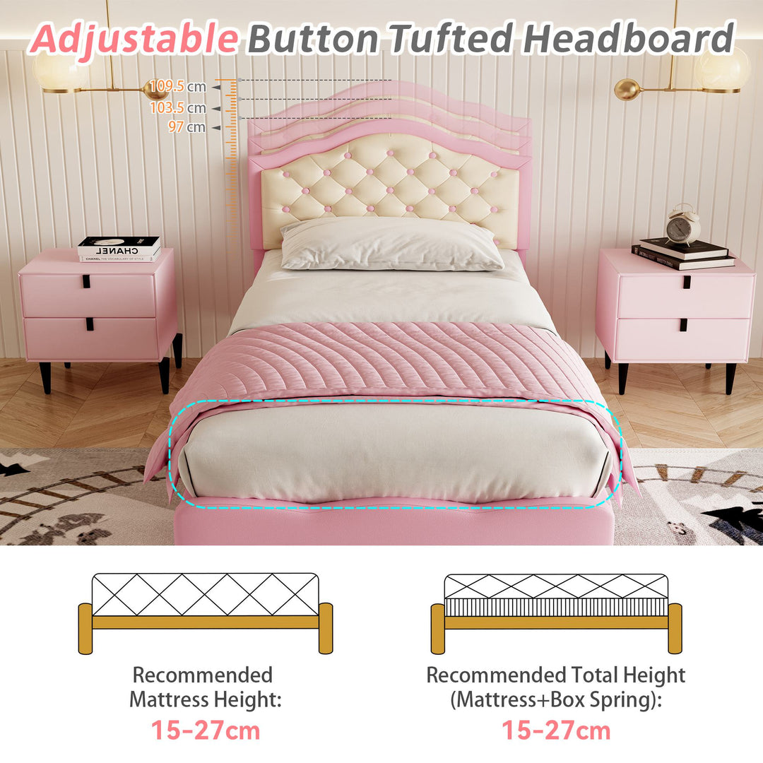 3FT Single Wood Bed with Adjustable Padded Headboard