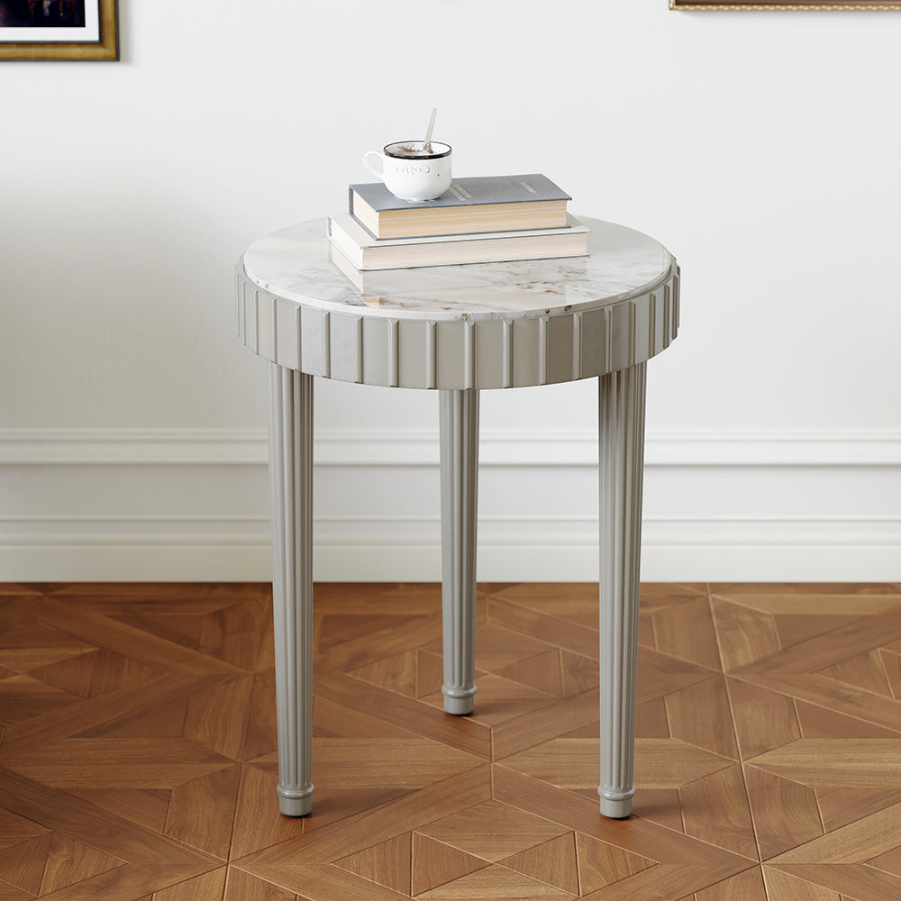 French Fluted Side Table with Faux Marble Top End Table with 3 Wooden Legs