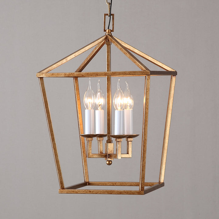 Rustic Geometric Cage Frame 4 Candle Light Kitchen Foyer Pendant Light in Brass