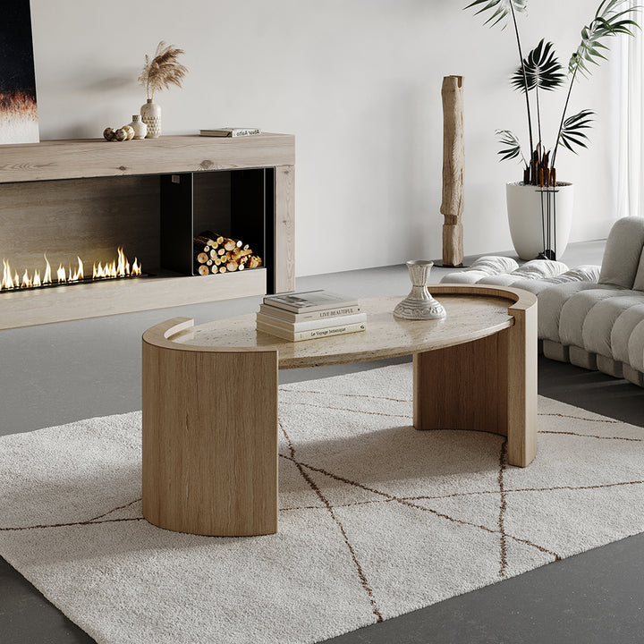 Japandi Travertine Coffee Table with Oval Beige Stone Top