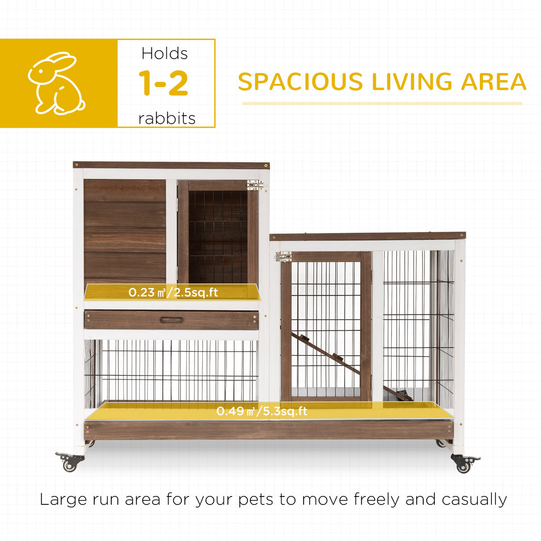 Wooden Indoor Rabbit Hutch Guinea Pig House Bunny Small Animal Cage W/ Wheels Enclosed Run 110 x 50 x 86 cm