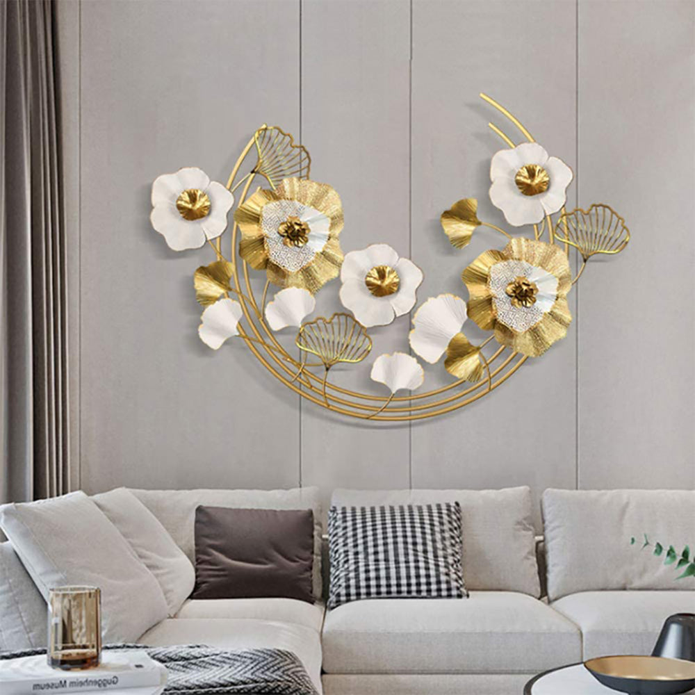 1200mm Modern Metal Wall Decor Art with Gold & White Leaves & Flowers for Living Room