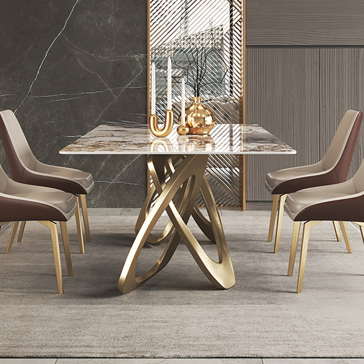 79" Rectangle Dining Table Faux Marble Top in Gold for 8 Seaters Modern