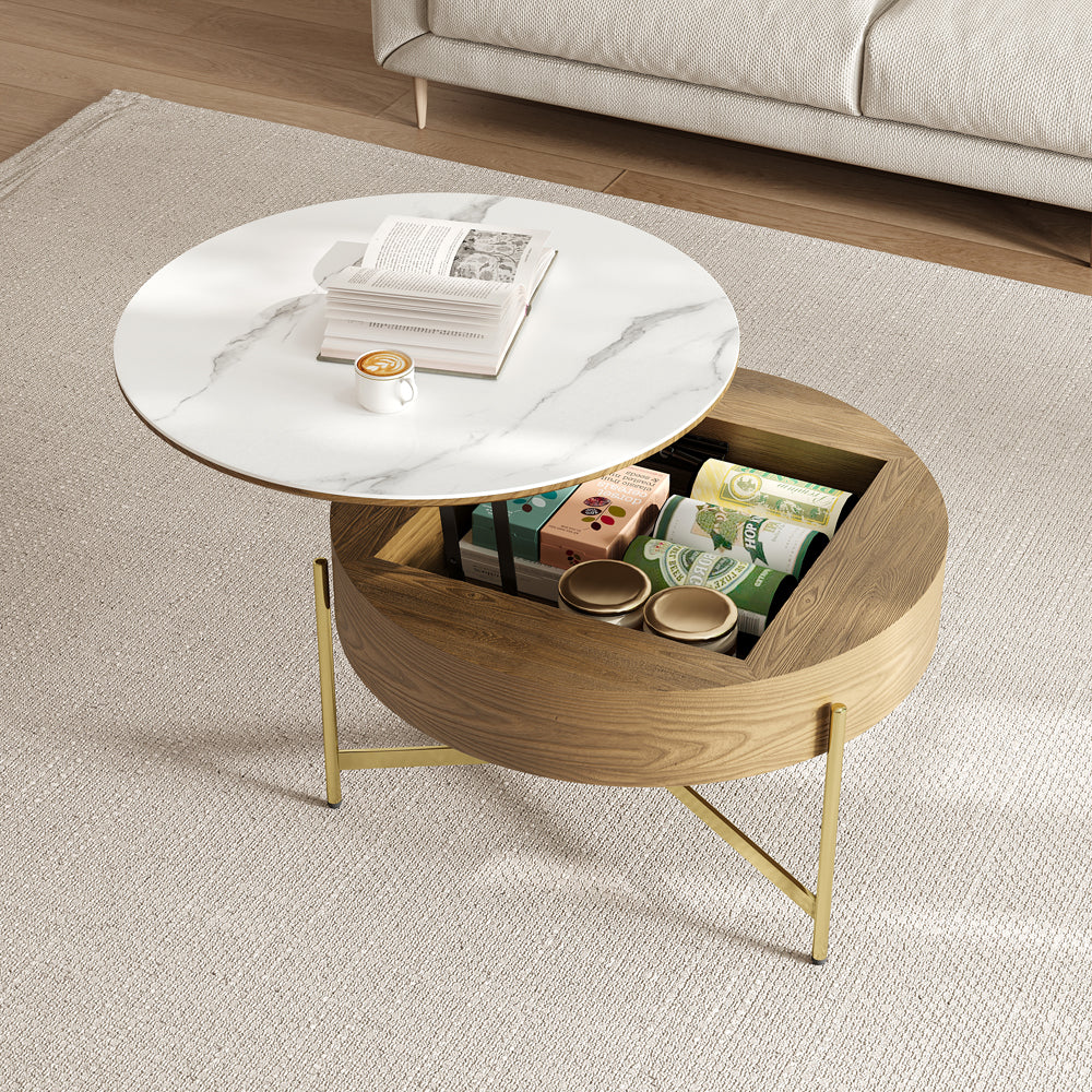 Round Lift-Top White & Walnut Coffee Table with Storage White & Walnut