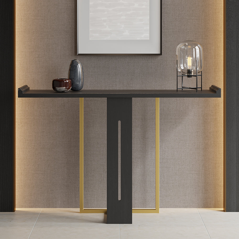 1000mm Narrow Console Table for Hallway Foyer Black Solid Wood & Gold Metal in Small