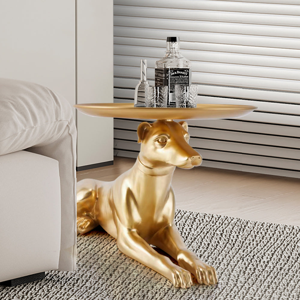 Modern Dog Side Table Floor Resin Figurine with Tray Top in Gold