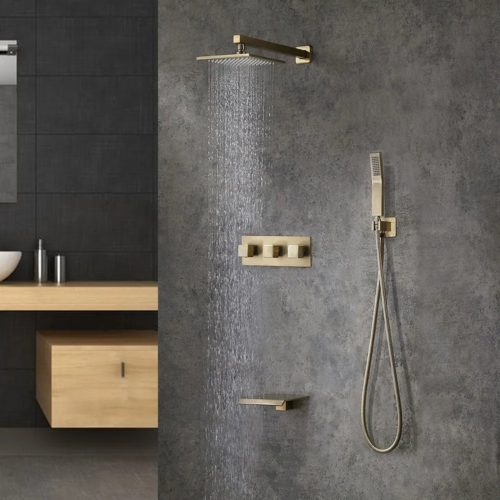 Moda Wall-Mounted 250mm Shower Set in Brushed Gold Rainfall 3 Function Solid Brass