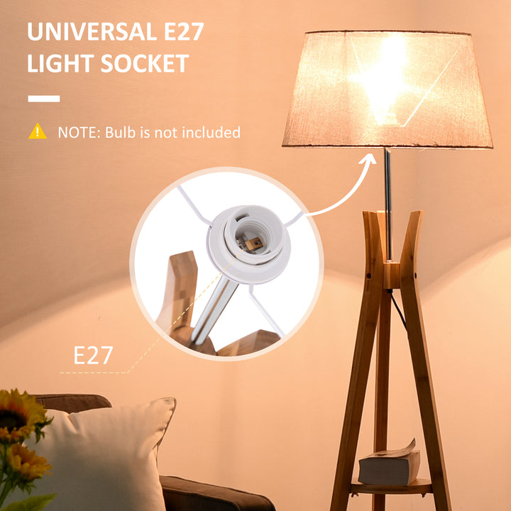 Natural Wood Tripod Floor Lamp Light E27 Base Bedroom Living Room Fabric Shade Storage Shelf Foot Switch