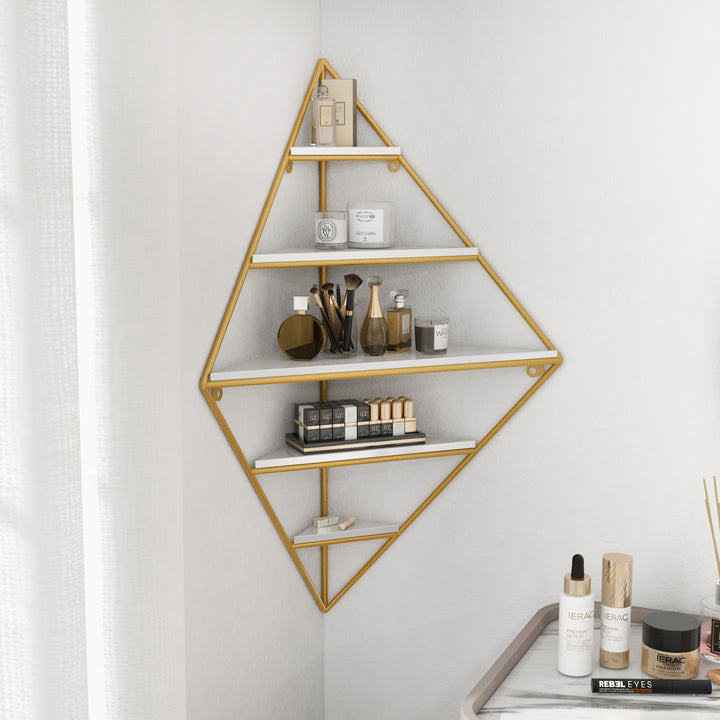 Modern Corner Wall Shelves Triangle Floating Shelves in Gold & White