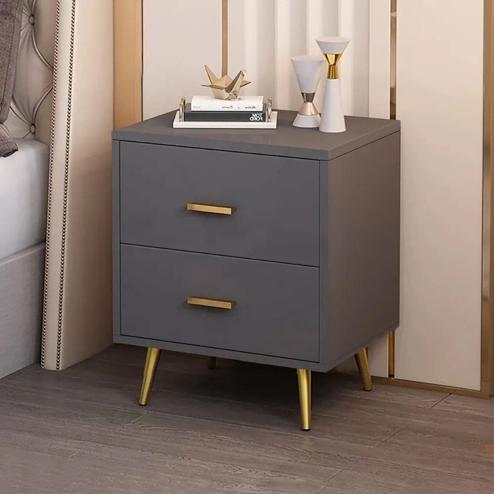 Modern Wood Bedside Table with Gold Legs 2-Drawer Nightstand in Grey