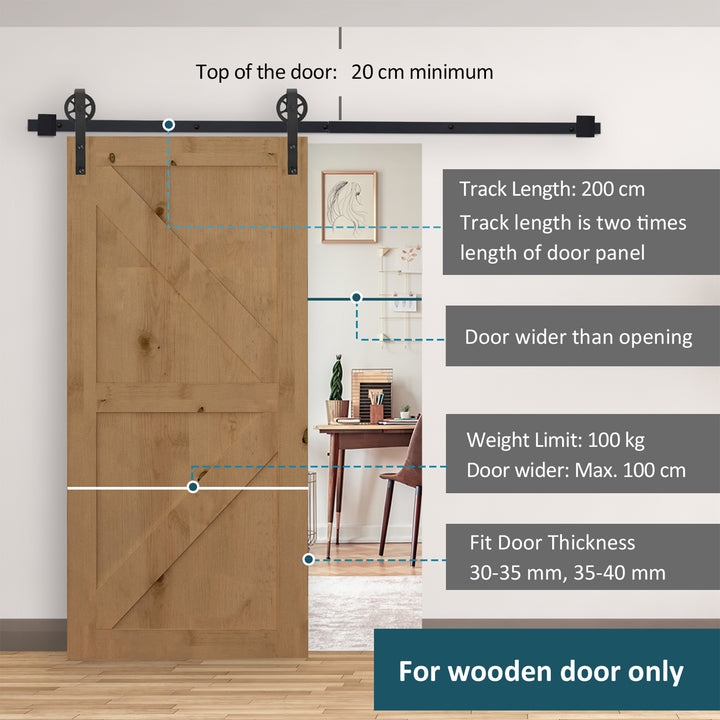 6.6 FT/ 2000mm Carbon Steel Sliding Barn Door Kits Hardware Closet Set Track System for Single Wooden Door Industrial Wheel Roller