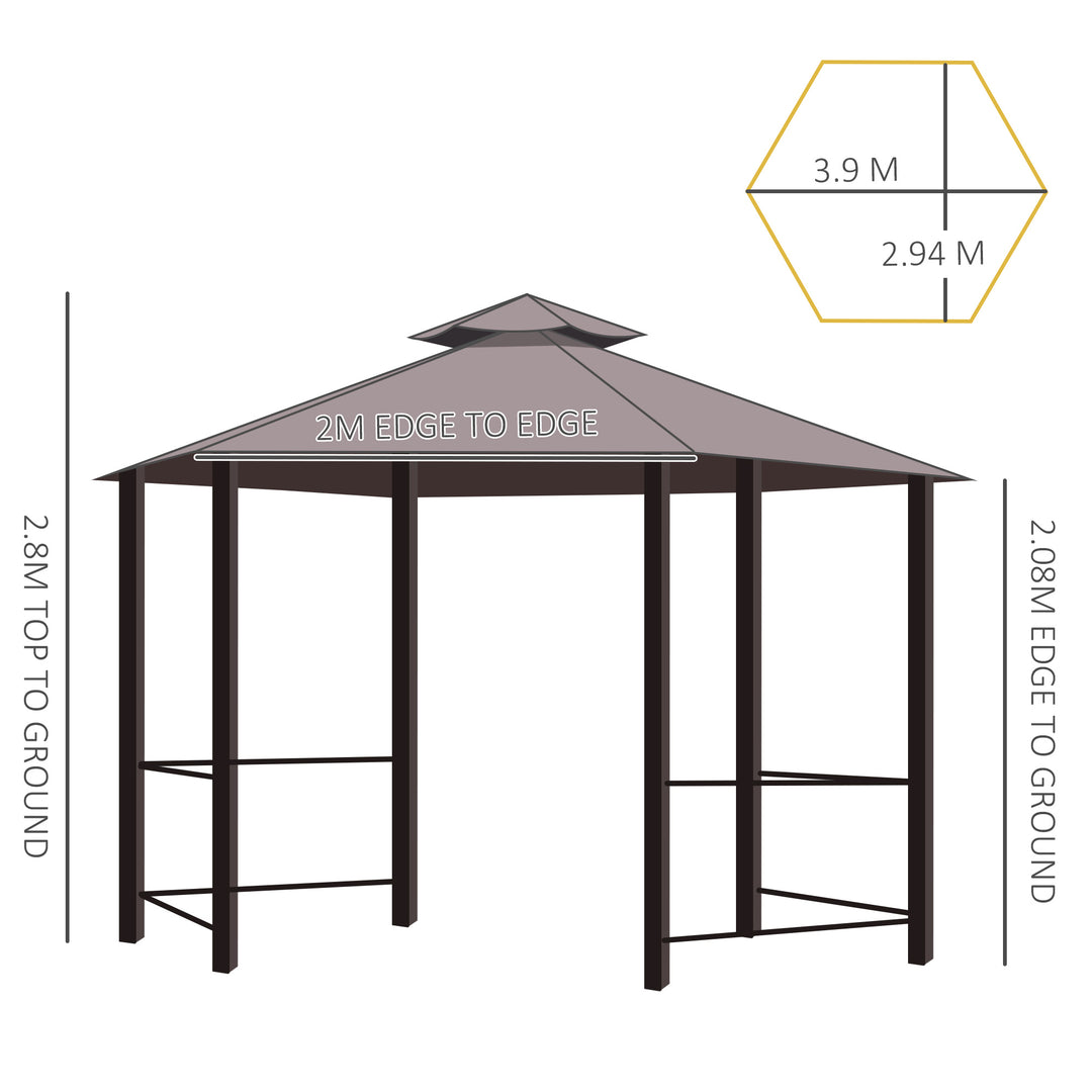 Waterproof Hexagon Gazebo Patio Canopy Party Tent Outdoor Garden Shelter w/ 2 Tier Roof & Side Panel - Brown