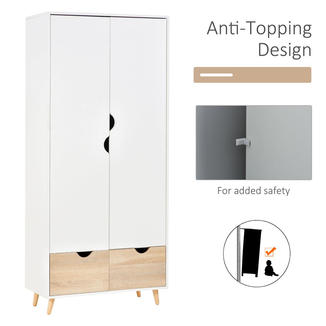 2-Door Clothes Wardrobe w/ Rail Shelf 2 Drawers Wood Feet Elegant Home Storage Organisation Furniture Dresses Coats Blankets White