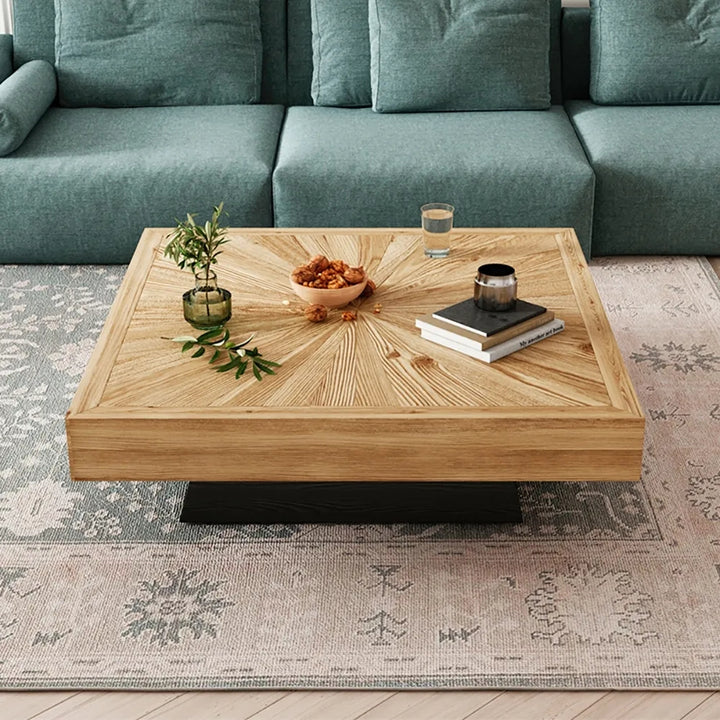 Japandi Square Coffee Table with Wooden Top Black & Natural