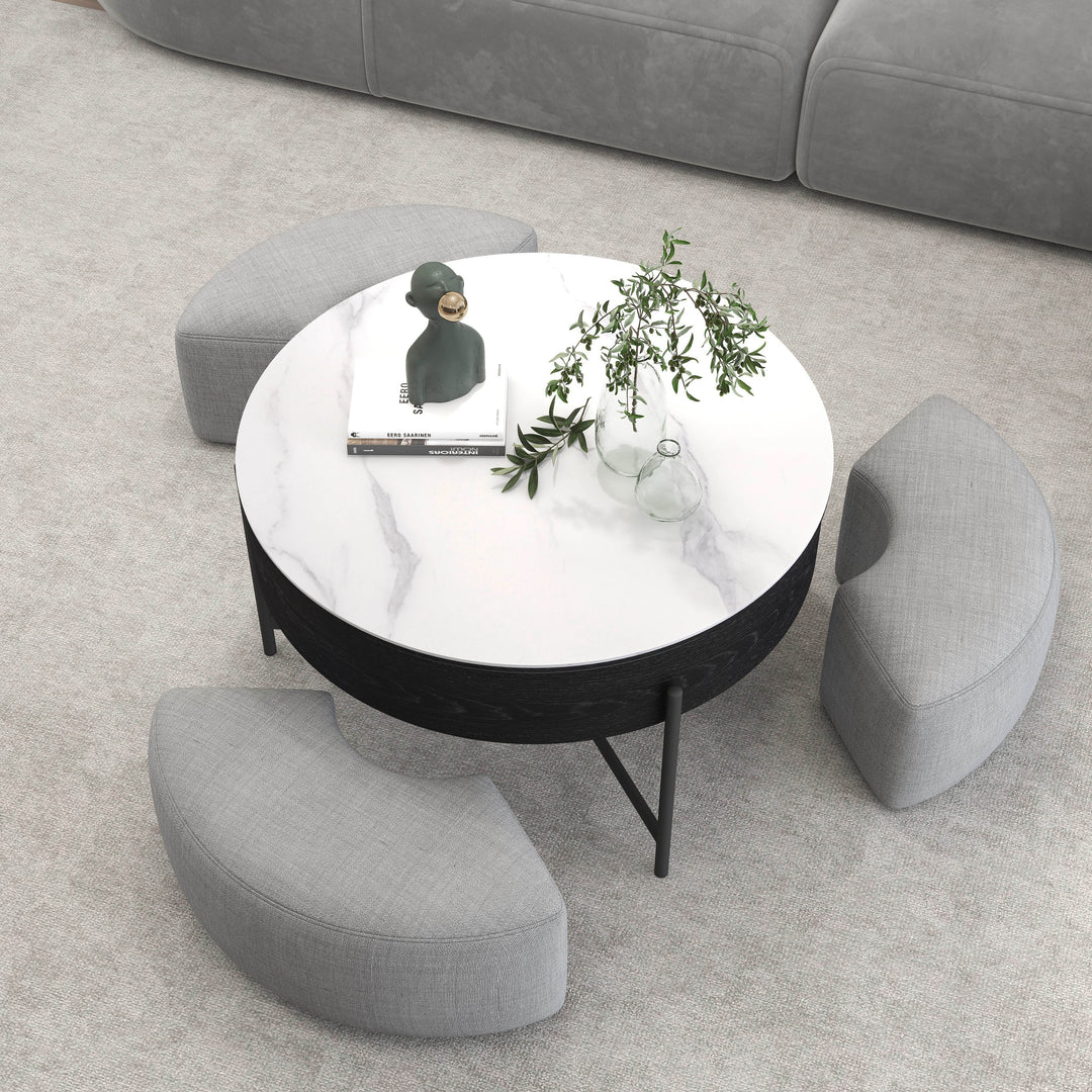 Modern Round Lift-Top Coffee Table with Storage & 3 Ottoman White & Black