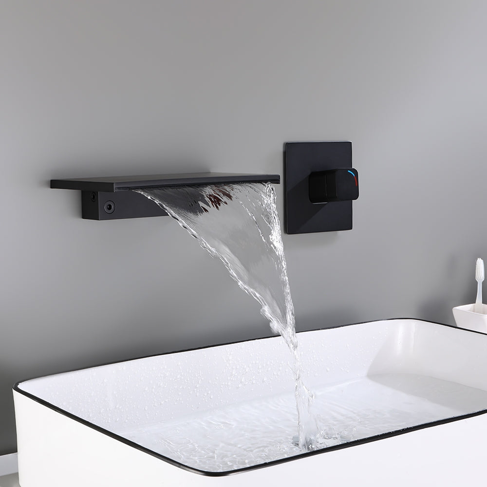 Waterfall Wall Mount Bathroom Basin Tap Single Knob Solid Brass Matte Black