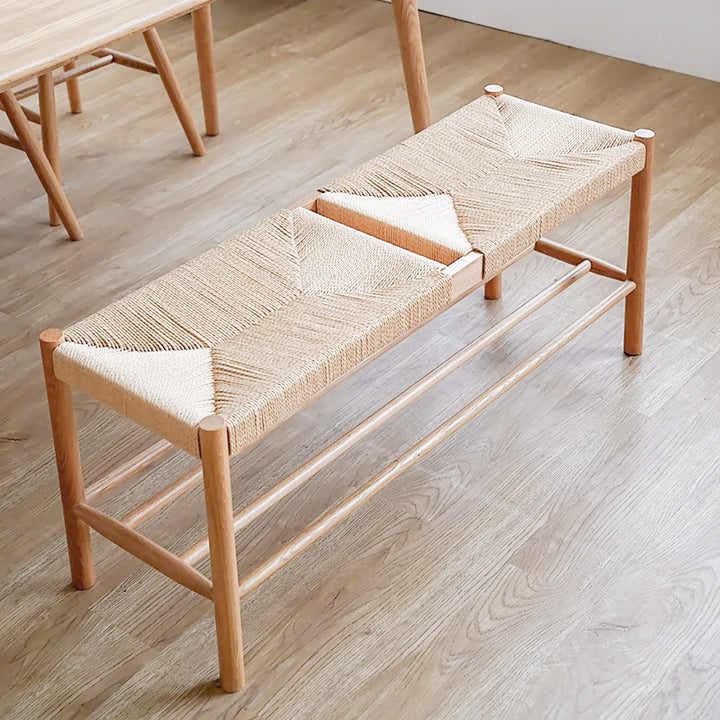 Japandi Natural Dining Room Bench Rattan Bench with Wood Legs