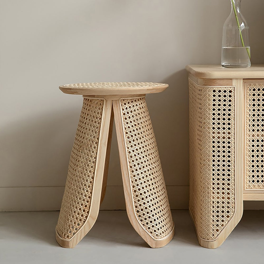 330mm Round Rattan & Ash Wood Side Table Indoor Natural End Table