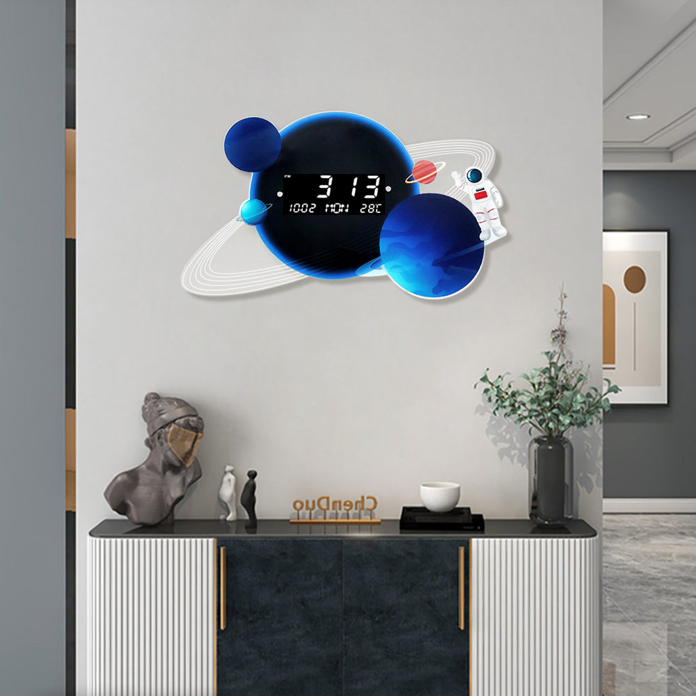 600mm LED Digital Display Modern Acrylic Blue Space Astronaut Wall Clock Decor Art