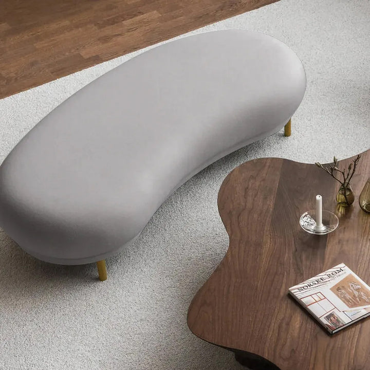 Modern Grey Velvet Bench Upholstered Curved Bench for End of Bed with Metal Legs