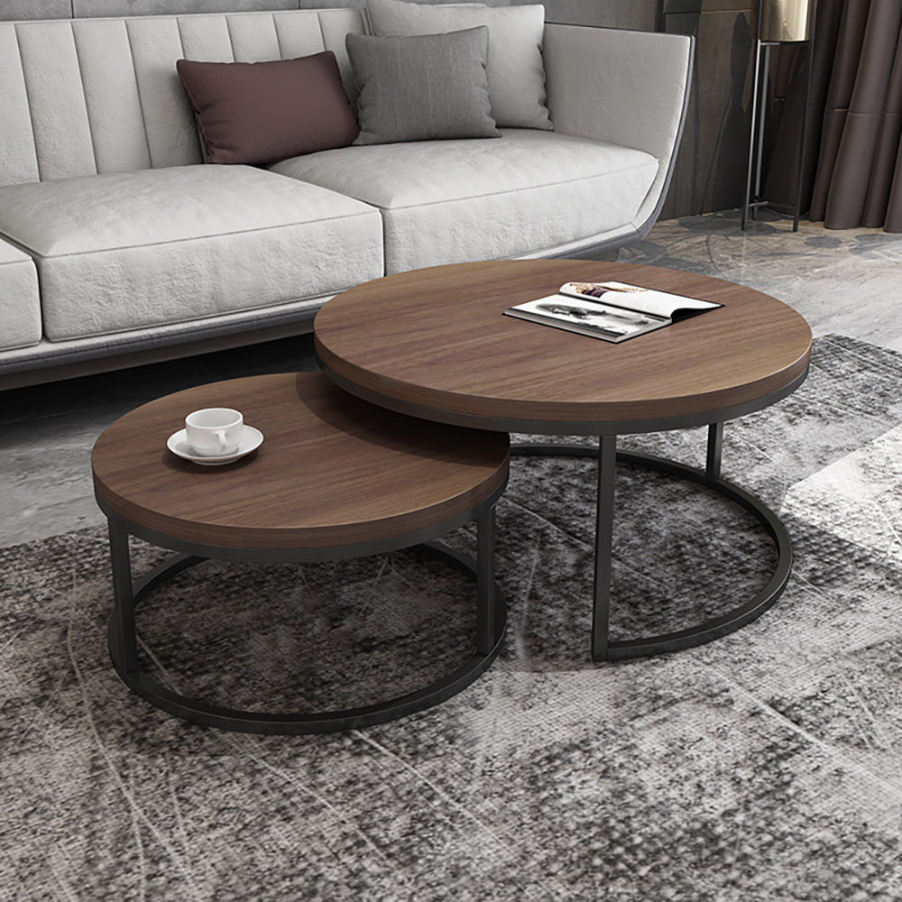 Fero 2 Pieces Modern Walnut & Black Round Nesting Coffee Table for Living Room