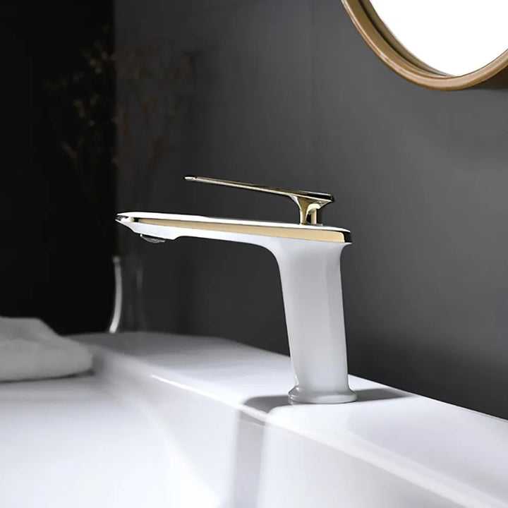 White and Gold Monobloc Single Lever Handle Solid Brass Bathroom Basin Mixer Tap