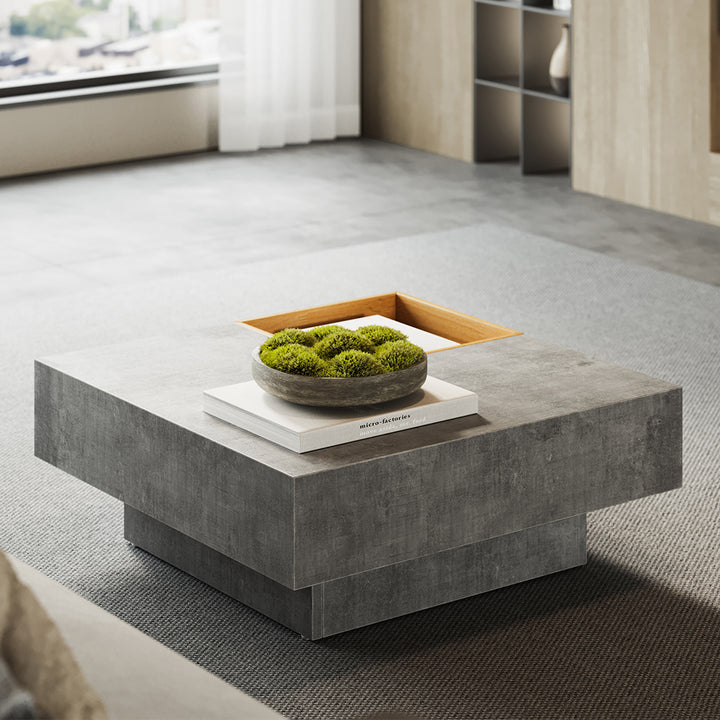 700mm Japandi Wooden Square Coffee Table with Open Storage Concrete Grey & Natural