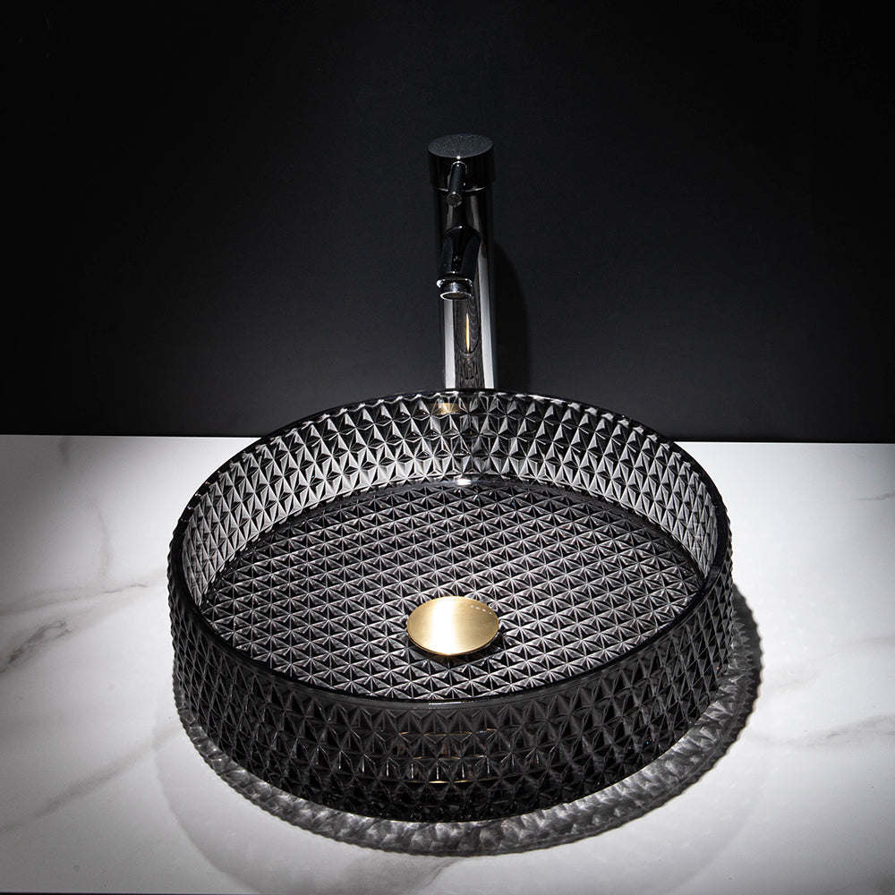 390mm Countertop Transparent Diamond Shaped Crystal Glass Bathroom Wash Basin in Black